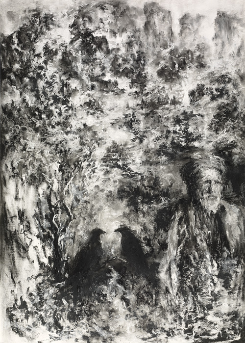 man and crow in charcoal
